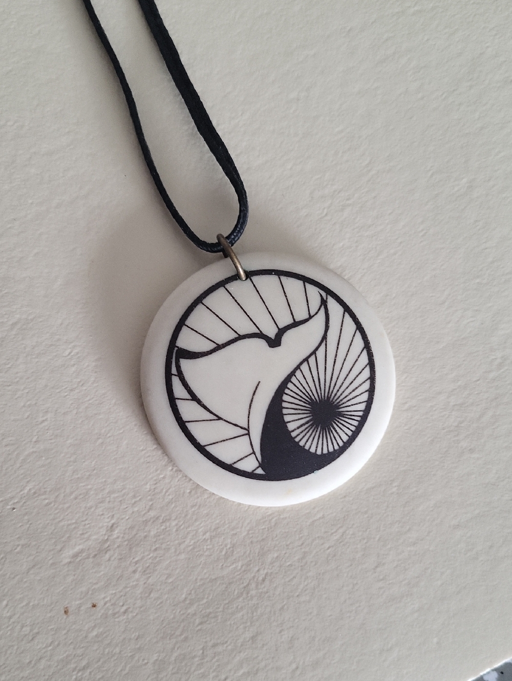 Handcrafted Ceramic Whale Tail Pendant Necklace - Black and White Length 16.5 "